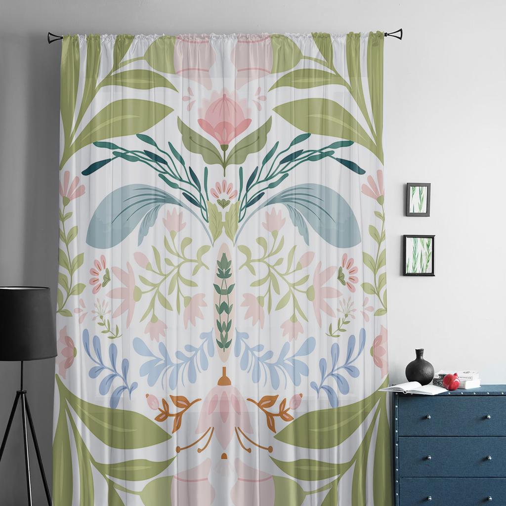 Flower Leaf Line Hand Drawn Sheer Curtain For Bedroom Tulle Voile Curtain For Kitchen Living Room Decor Window Treatment