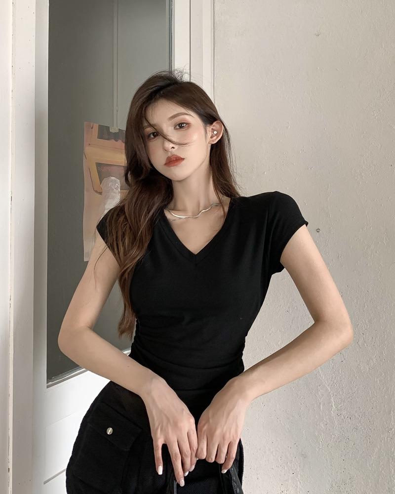 Women's Slim-Fit V-Neck Short-Sleeve Top - Elastic Waist, Round Hem, Solid Color for Summer