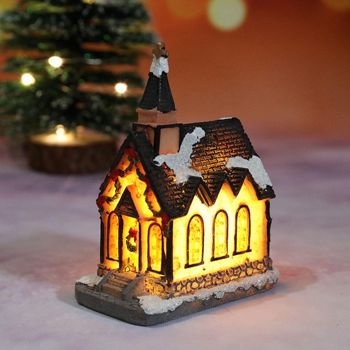 

New Year Mini Figurine Miniatures Resin Craft LED Light Village House Ornament Christmas Decoration B