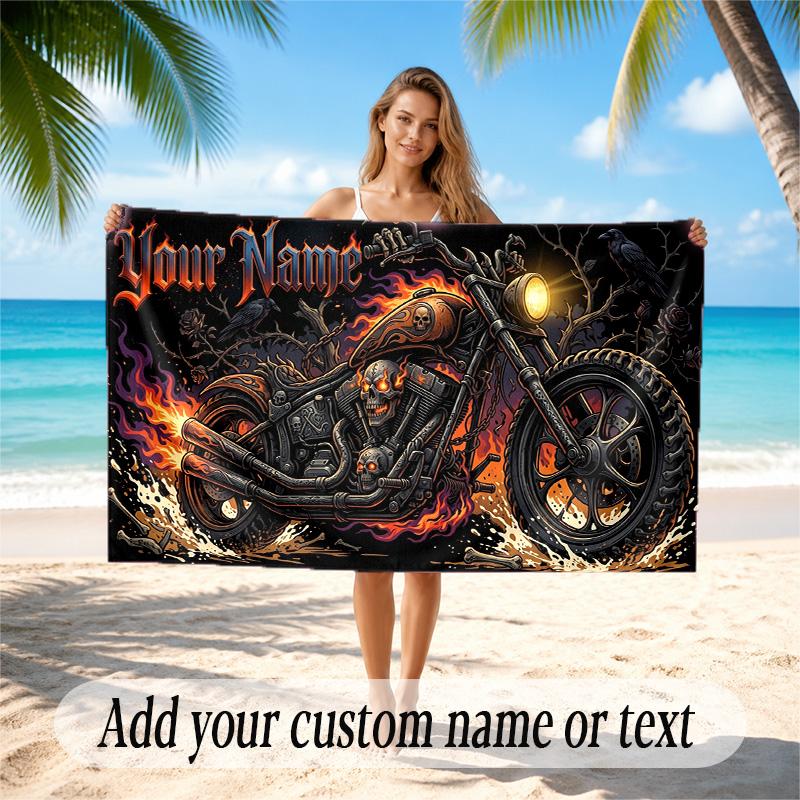 Motorcycle Biker Theme Quick Dry Beach Towel Custom Name Text Print Large Sand Resistant Towel Beach Vacation