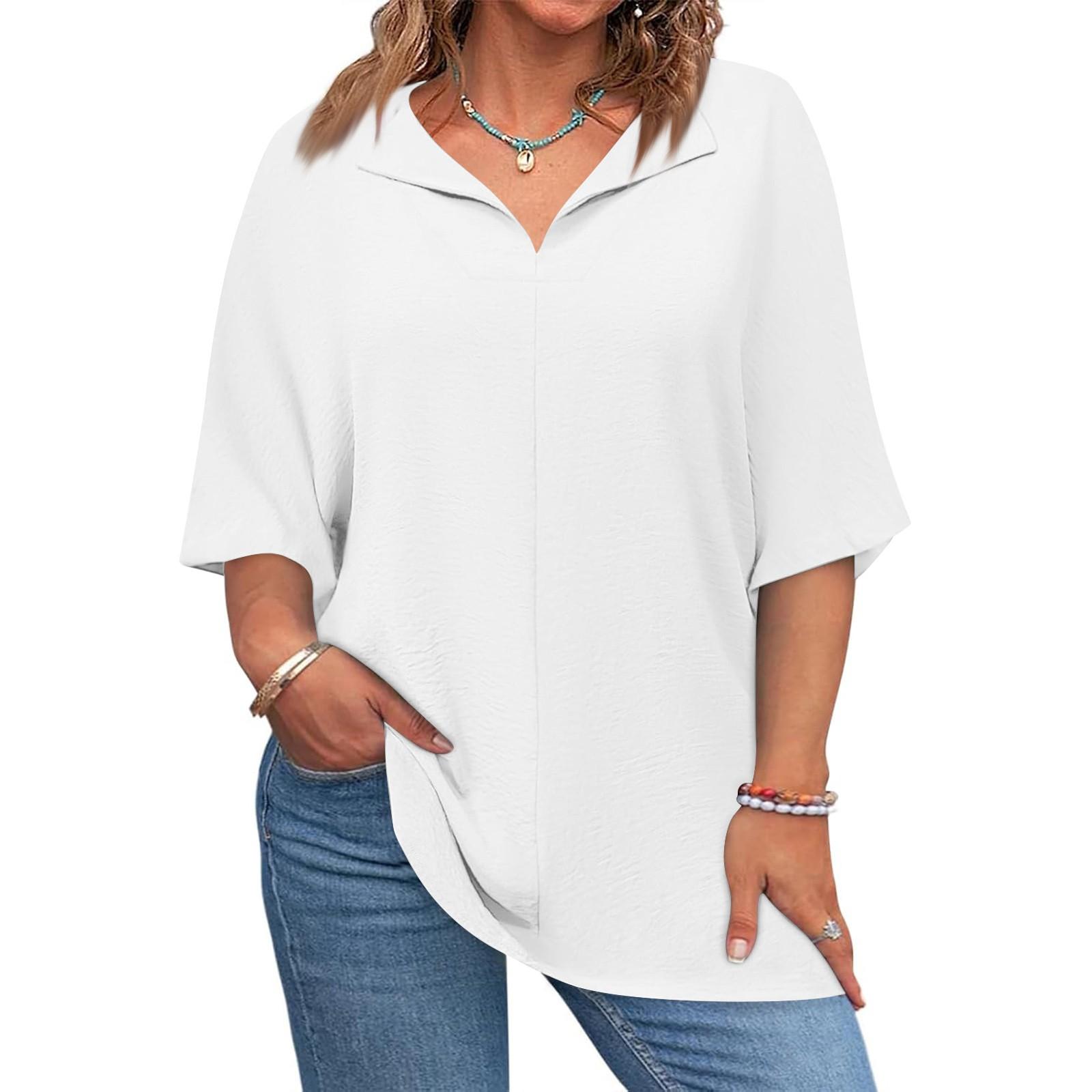 

Женская мода повседневная однотонная футболка с V-образным вырезом и рукавом 1/2 большого размера XL белый