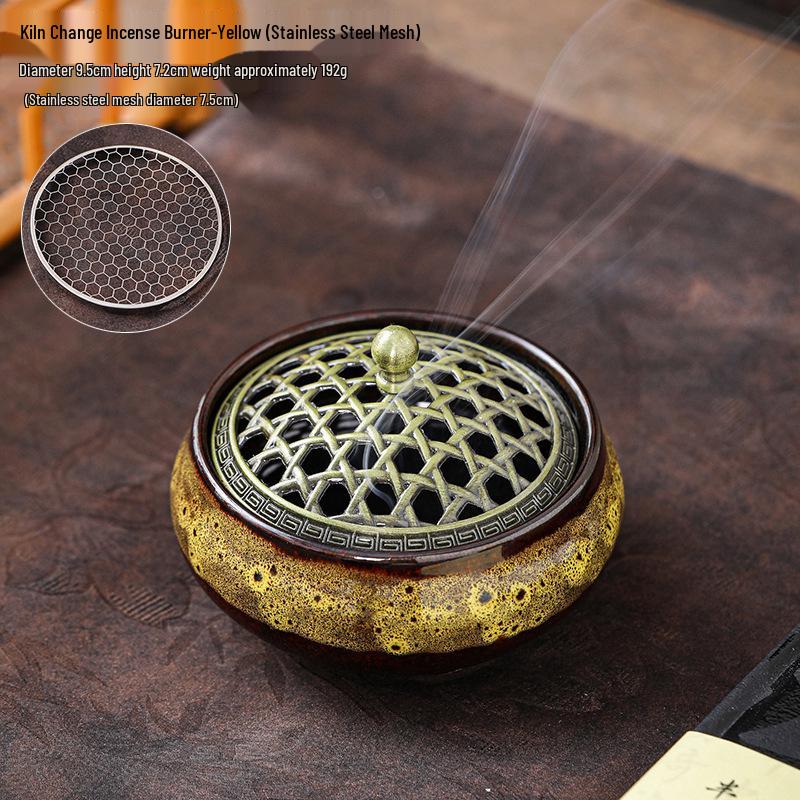 Ceramic Sandalwood Incense Holder with Net Lid and Crackle Glaze, for Coil and Stick Incense, Three-Legged Buddhist Home Use.