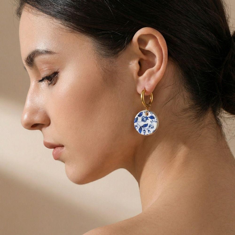 Dripping Oil Ceramic Ear Buckle Stainless Steel Gold Enamel Hoop Earrings  Party