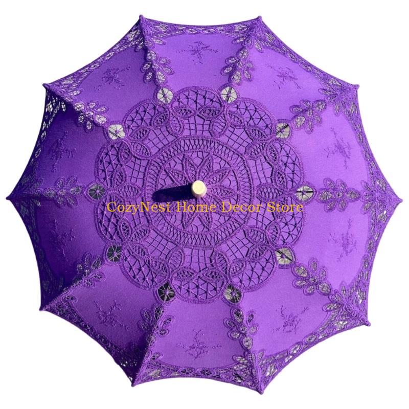 92MF Decorative Handmade Lace Umbrella Wooden Handle Sun Shade For Women Girls Special