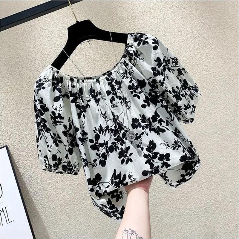 Jednodílný top s výstřihem, květinová šifonová košile, dámské tričko, volné, odhalující ramena, krátký rukáv