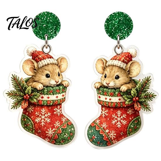 Holiday Party Accessories 1 Pair Cute Christmas Mouse Acrylic Earrings, 2D Flat Cartoon Animal Dangle Earrings Drop for Women, Glitter Star
