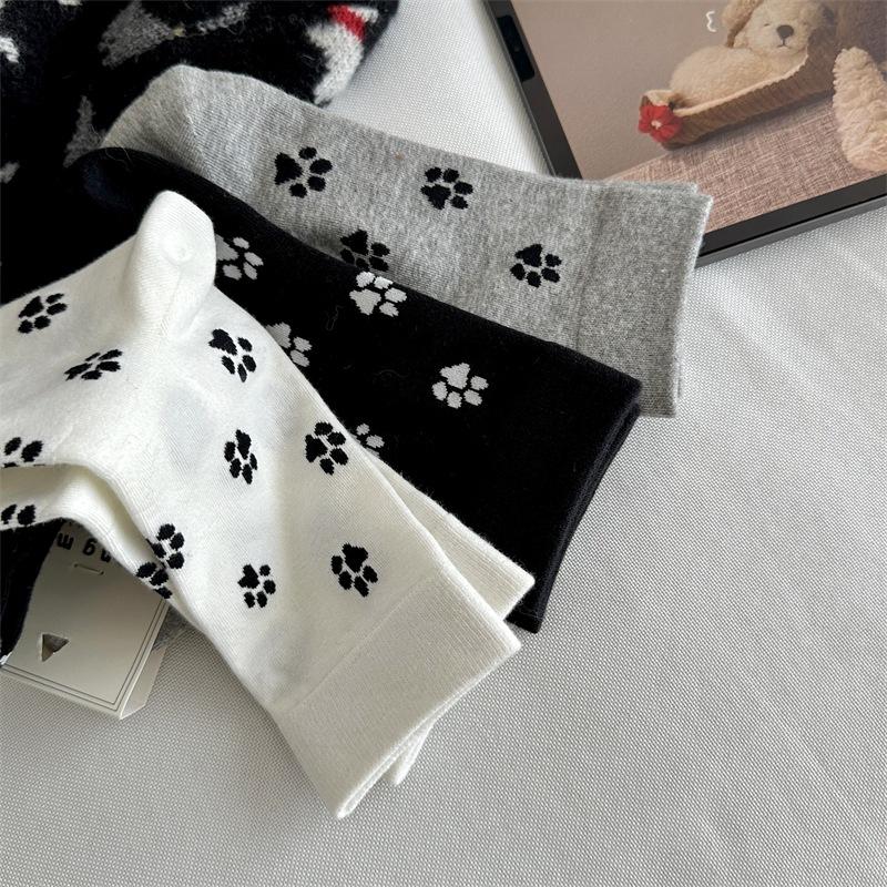 Korean Style Cute Puppy Paw Print Socks Medium Tube Socks Black And White Gray Niche Design Pure Cotton Stacking Socks