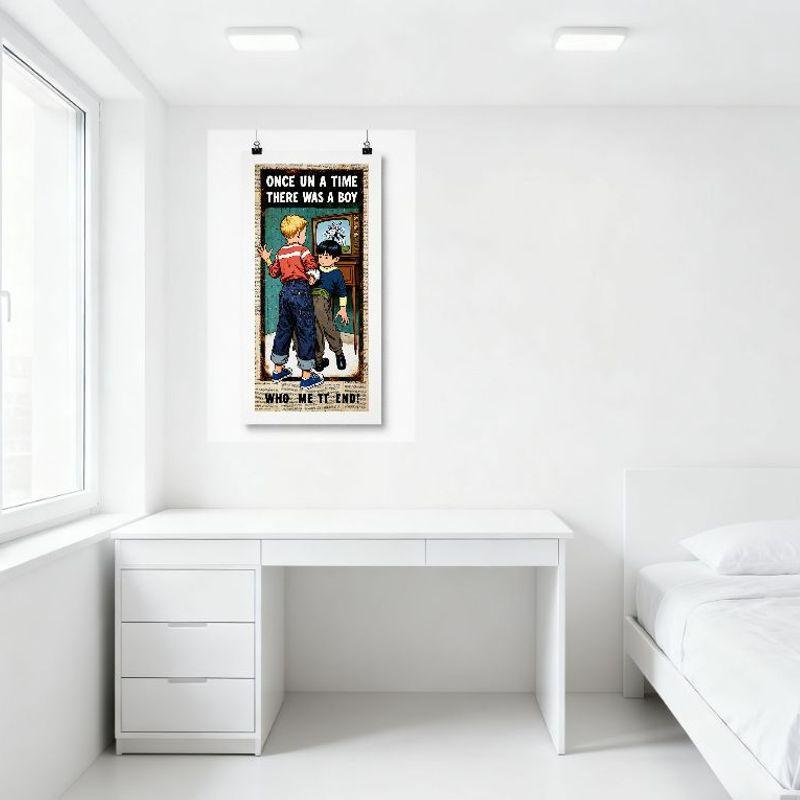 Vintage Once Upon a Time Two Boys TV Mickey Mouse Tin Sign Retro Newspaper Texture Art Metal Plaque for Man Cave Home Bar Cafe D