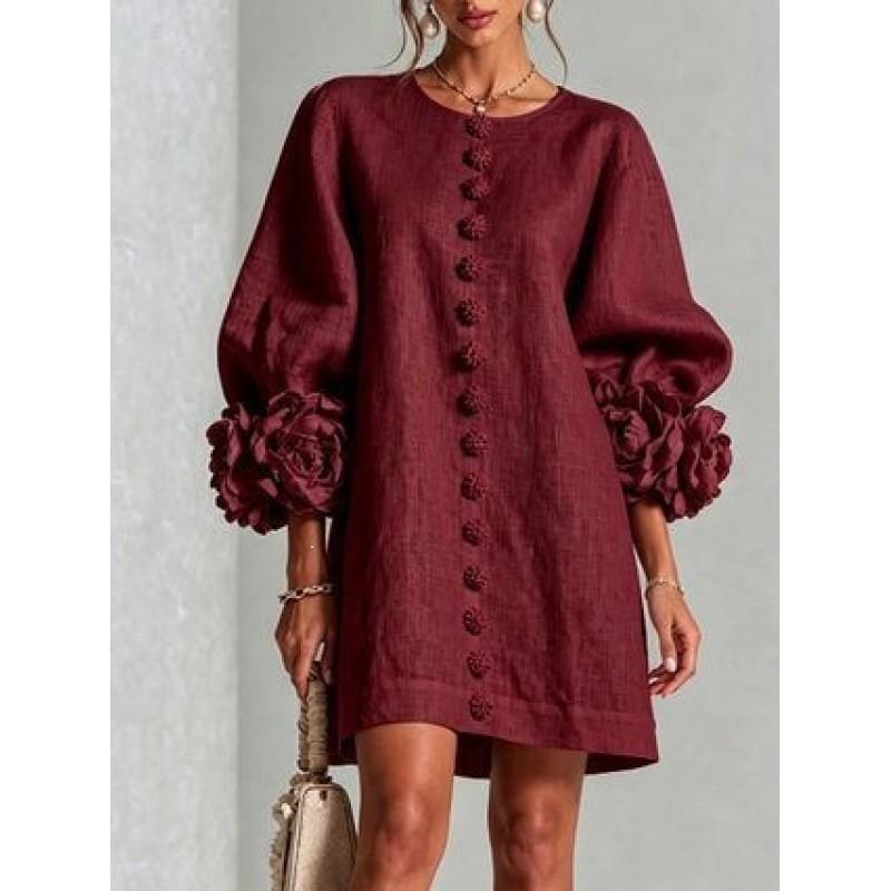 2026 Womens French 3D Flower Button Lantern Sleeve Dress Solid Color Fashion