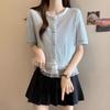 Women Sweet Style Short Sleeve Lace Trim Button Down Blouse