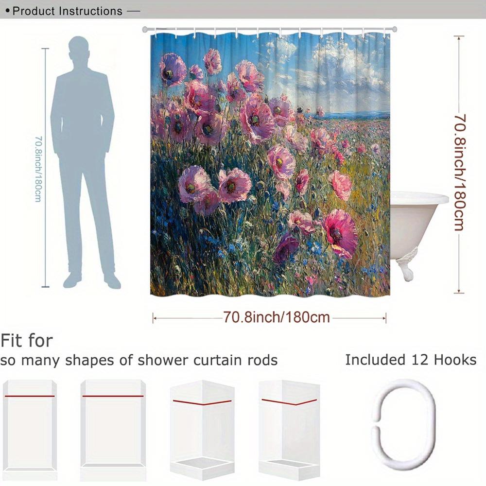 Impressionist Poppy Field Shower Curtain Pink Flowers Oil Painting Print Polyester Bath Curtain With Hooks For Floral Decor