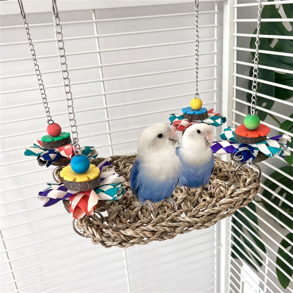 Natural Woven Parrot Hammock Chewing Toy With Wood Bead For Small Bird Cockatiel Budgie Swing Perch Cage Hanging Toy