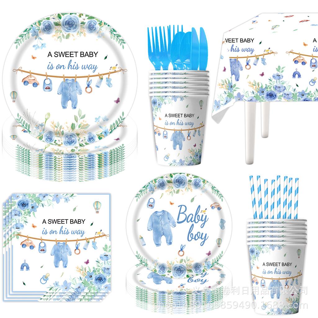 Blaues Taufthema Partyzubehör Babyparty Dekoration Partygeschirr Banner Tissue Arrangement Zubehör
