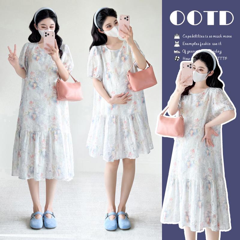 

High-End Floral Maternity Dress: Loose-Fit, Belly-Covering, Round Neck, Summer Style M