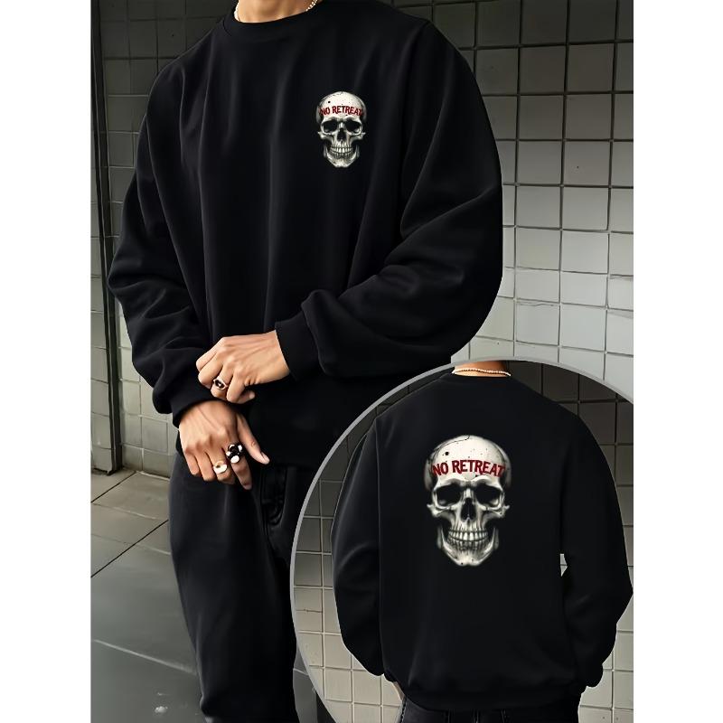 Front And Back NO RETREAT Skull Graphic Print Casual Gothic Streetwear Long Sleeve Pullover Unisex for Daily Wear