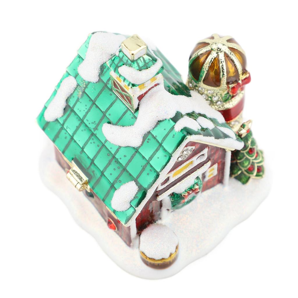 Xmas House Figurine Trinket Box Hinged Collectible Rhinestones Jeweled Painted Enameled Jewelry Ring Holder Box