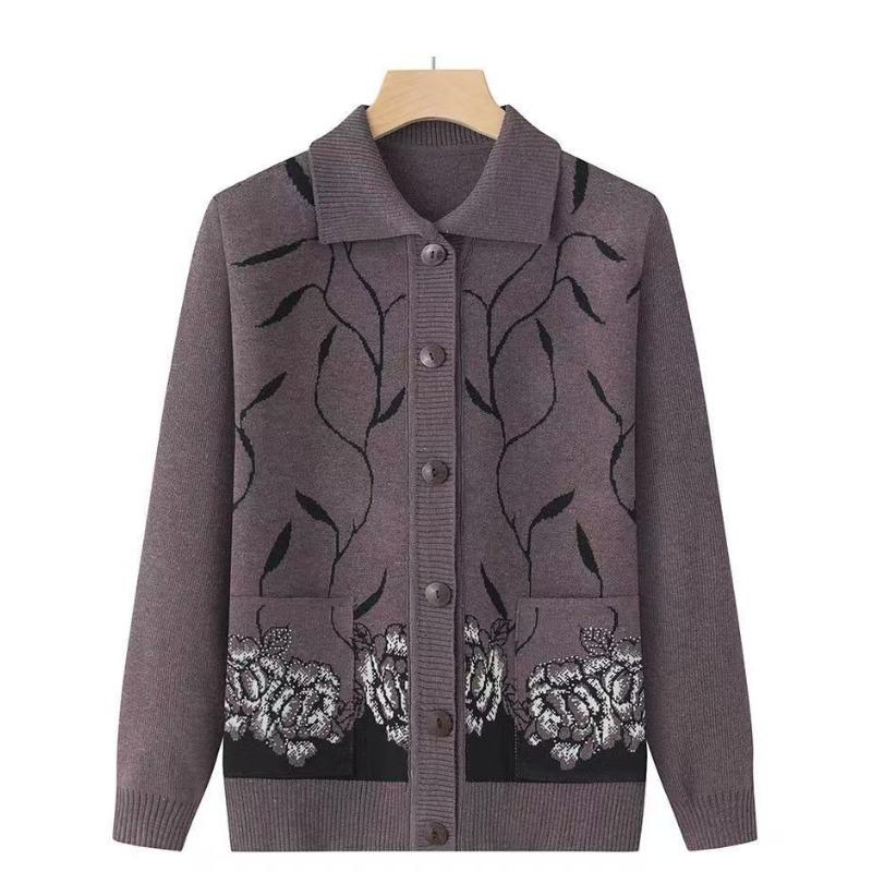 Middle-aged Elderly Cardigan Knitted Coat Grandma Old Lady Autumn Winter  Pocket Mother Sweater Lapel