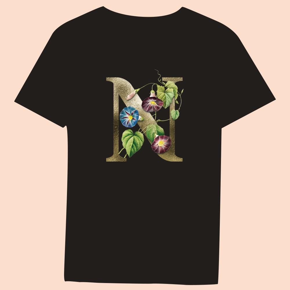 Gold Flower Letter 3D Printing Series Women's Black T-shirt Casual Large Top