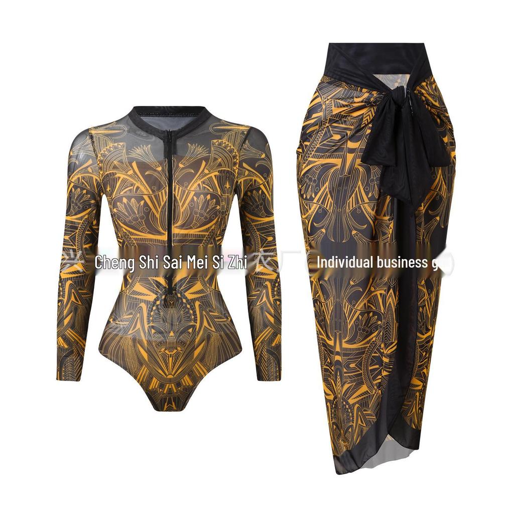 2025 Women's Long Sleeve Sun Protection Russian Swimsuit - European American Surfwear Beach Dress