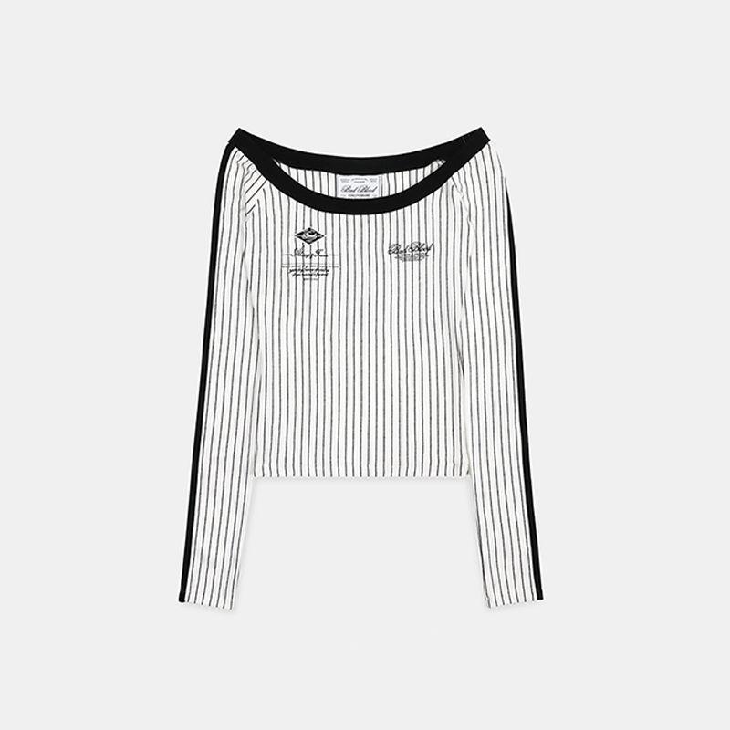 South korea Badblood American vintage Stripe T-shirt Women Pure Desire Slim fit Long sleeve Niche off-Shoulder Slimming Top