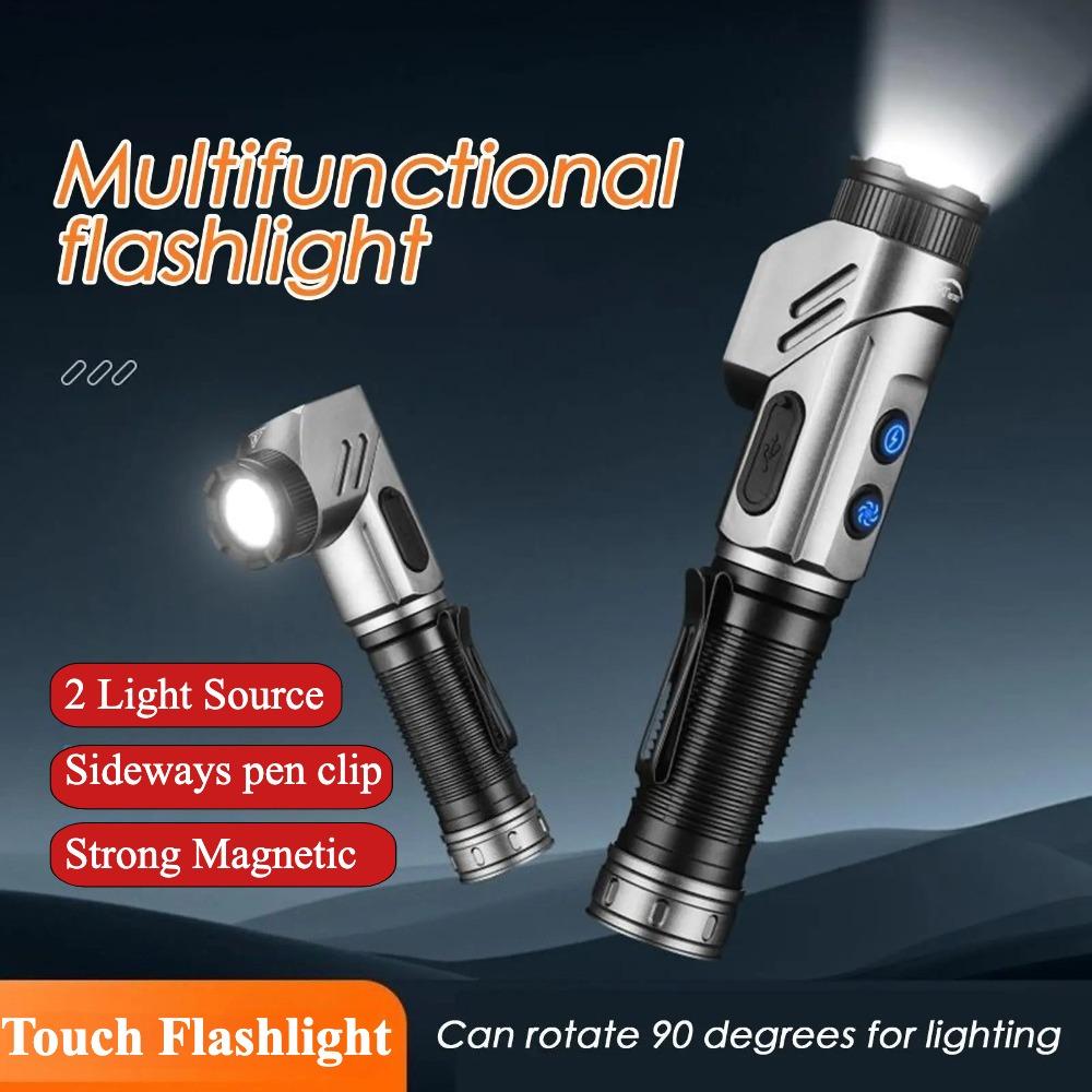 Powerful LED Flashlight Rechargeable Dual-Source Light Aluminum Alloy Adjustable Corner Outdoor Work Light with Tail Magnet