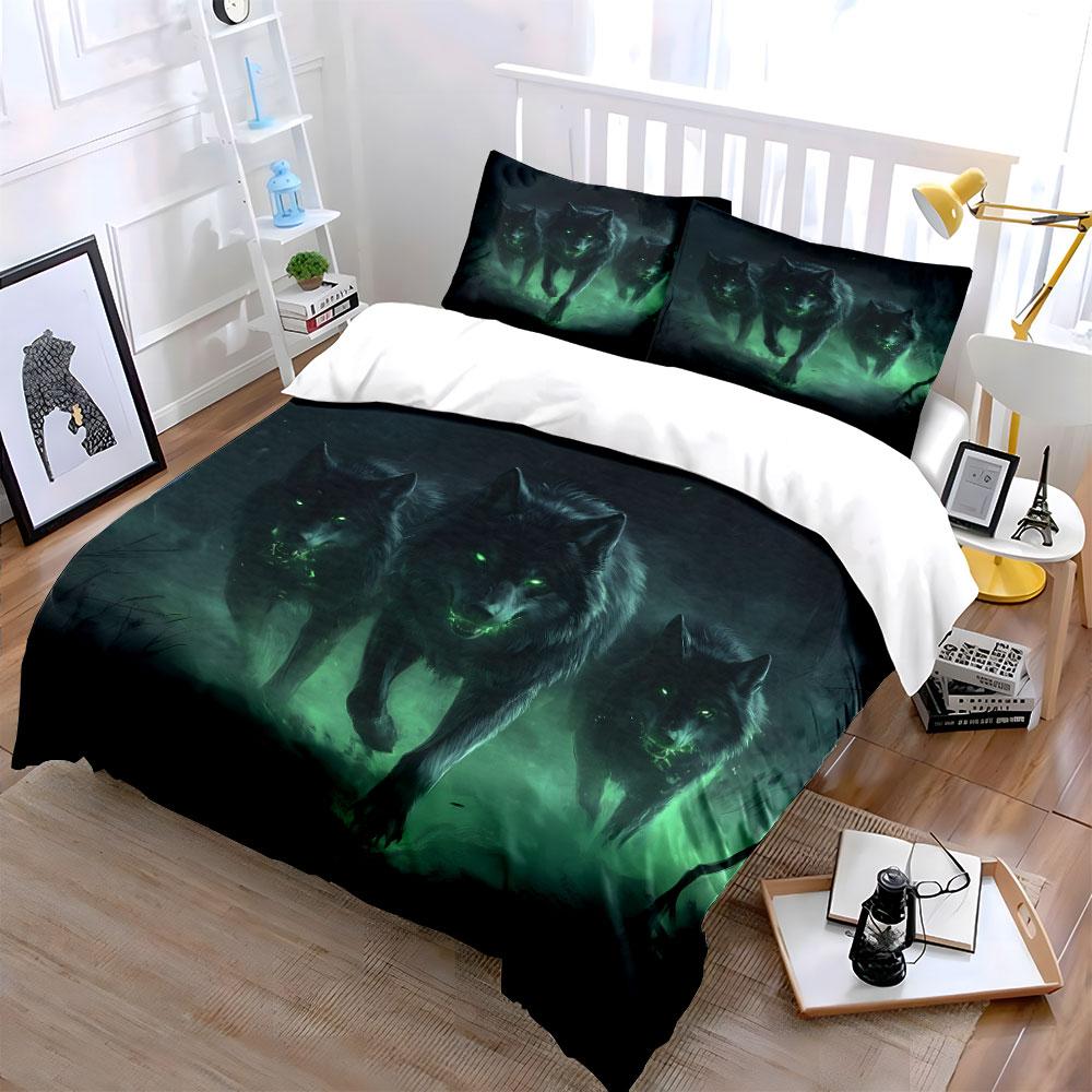 Three Wolves With Green Glow Duvet Cover Set With 3D Printing Design Soft Polyester Bedding Set All-Season Comfort For Gifts