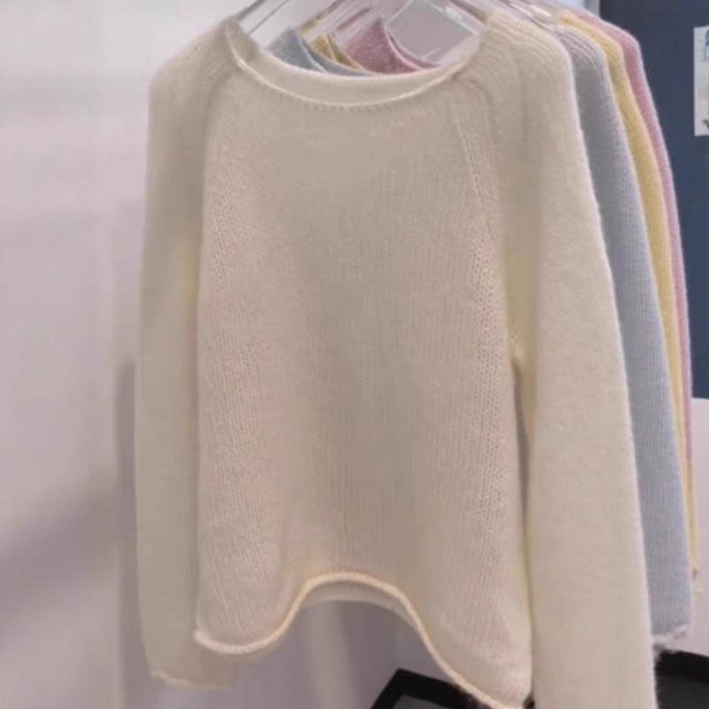 Giant Beauty Gentle White Mohair Sweater Crew Neck Knitted Sweater Women's Autumn Top
