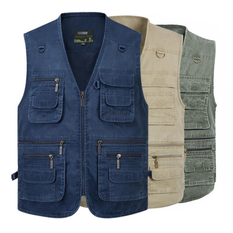 Men's Vest Casual Jacket Spring and Autumn Loose Style Cotton Multi-pocket Zipper Windproof Coat Collarless Sleeveless Jacket for Man