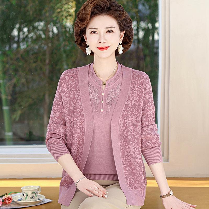 

Spring & Autumn Knitwear Two-Piece Set for Middle-Aged & Elderly Women – Plus Size Cardigan & Top 5XL (150-165 jin) рожевий/фіолетовий