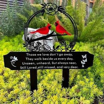 Black Metal Cardinal Memorial Stake, Garden Art Decor for Lawn, Courtyard, Outdoor Durable Plaque with Inspirational Quotes