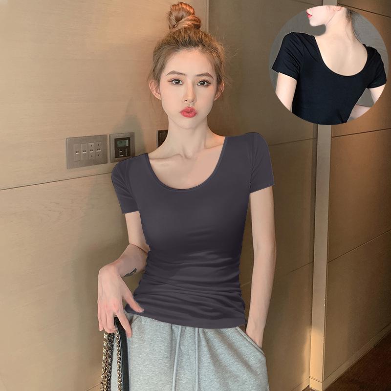 Women's 2025 High-Quality Cotton U-Neck Backless Slim-Fit Short Sleeve T-Shirt