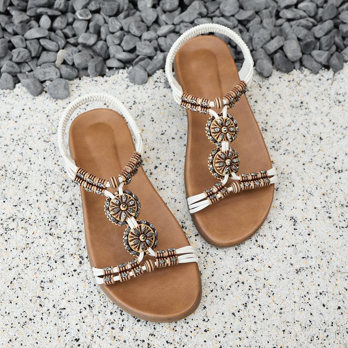 

Женские богемные сандалии широкой полноты, шлепанцы с открытым носком и деревянной пряжкой, летние повседневные мюли для женщин 42 белый