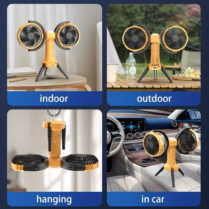 Dual Head Oscillating Outdoor Fan with Built-In Power Bank, Adjustable Speeds Brightness,360° Rotation,Hangable Design for Camping,Picnics,Camping Fan