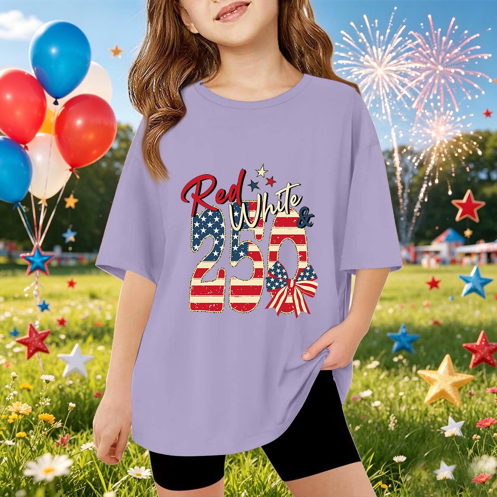 

Kids Short Sleeve T-Shirt Independence Day Graphic Tee Casual Top for Boys Girls Summer Wear Soft Fabric Comfortable Fit 100 фиолетовый