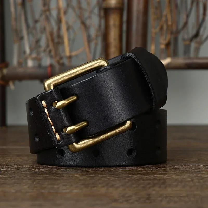 3.8cm Cowskin Genuine Leather Brass Copper Double Needle Pin Buckle Luxury Thick Retro High Quality Belt Men Jeans Designer Belt