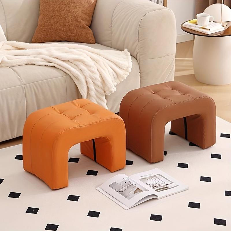 Solid Wood Upholstered Stool, Multifunctional Soft Faux Leather Low Stool for Living Room, Compact Shoe Changing Bench