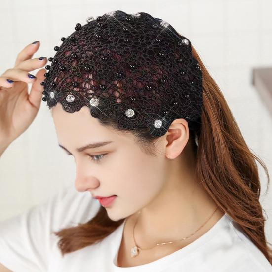 4Pcs Women Headband Floral Lace Hollow Design Faux Pearls Hair Hoop Boho Style Wide Elastic Hair Accessories