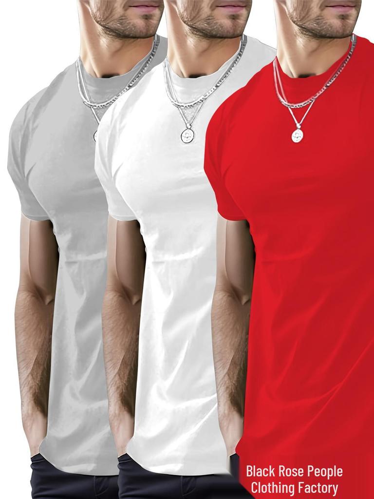 Unisex European Round Neck Short Sleeve T-shirt - Solid Color, Regular Fit