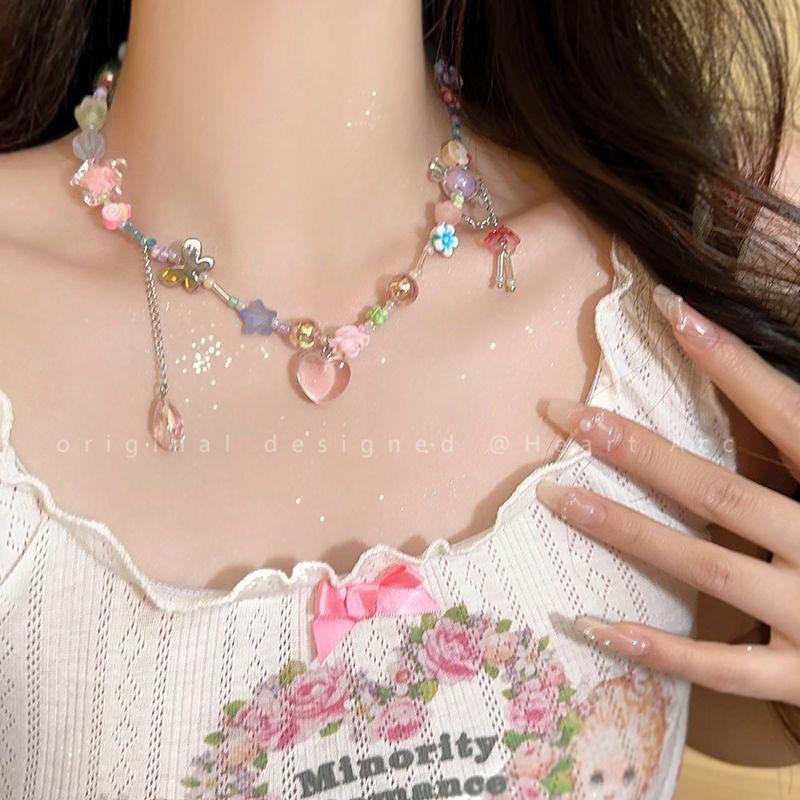 Summer five colored beaded love candy necklace design sweet dopamine accessories sweet cool babes collarbone chain