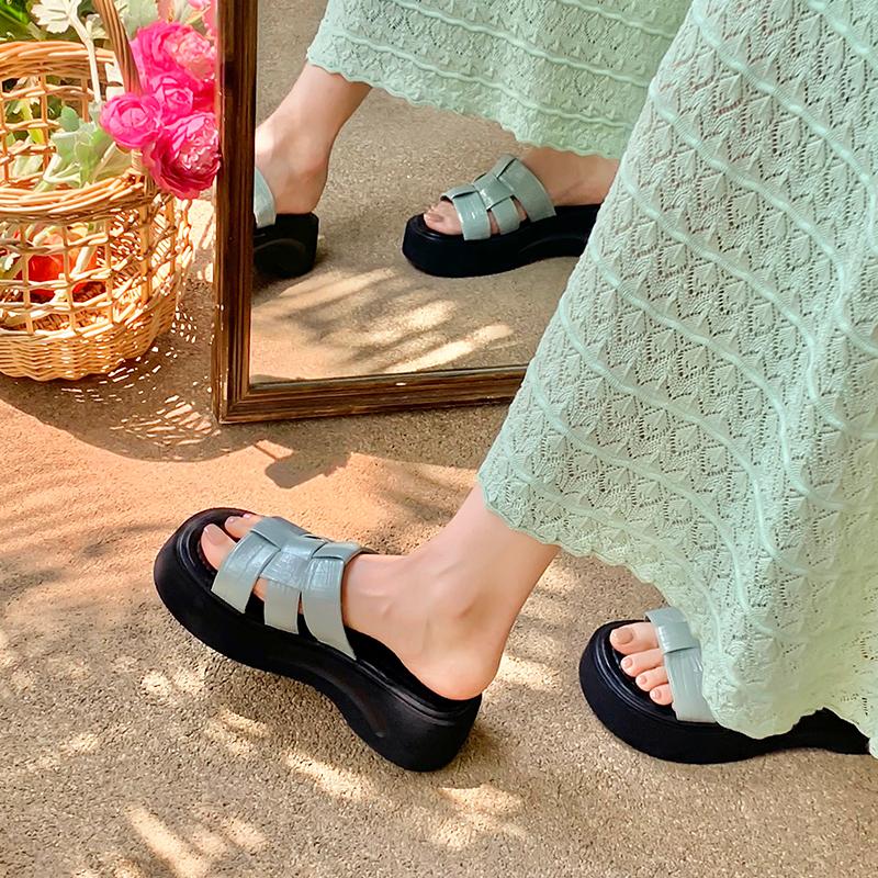 

[Lan Cabinet] Mint woven glossy one-word drag women s thick-bottomed Roman holiday style bread slippers women s summer wear 35 светло-синий