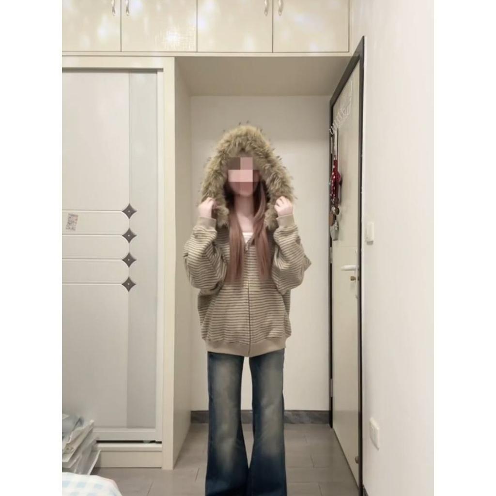 Punk Coat Y2k 2000s Vintage Faux Fur Collar Hoodie Zip-Up Woman Sweatshirts Goth Stripe Hot Girl Coat Autumn Winter Jackets Hip Hop Jacket