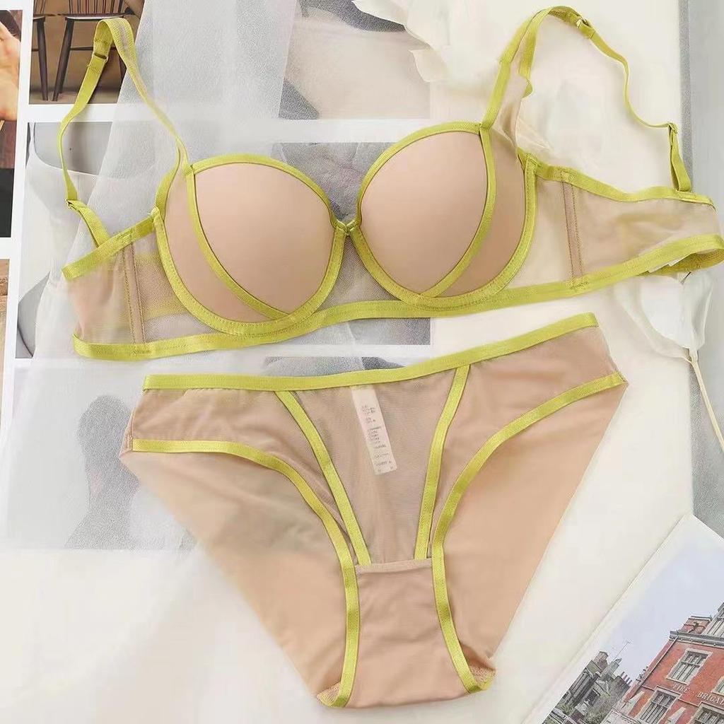 European & American Sexy Push-Up Bra Set with Glossy Contrast Straps