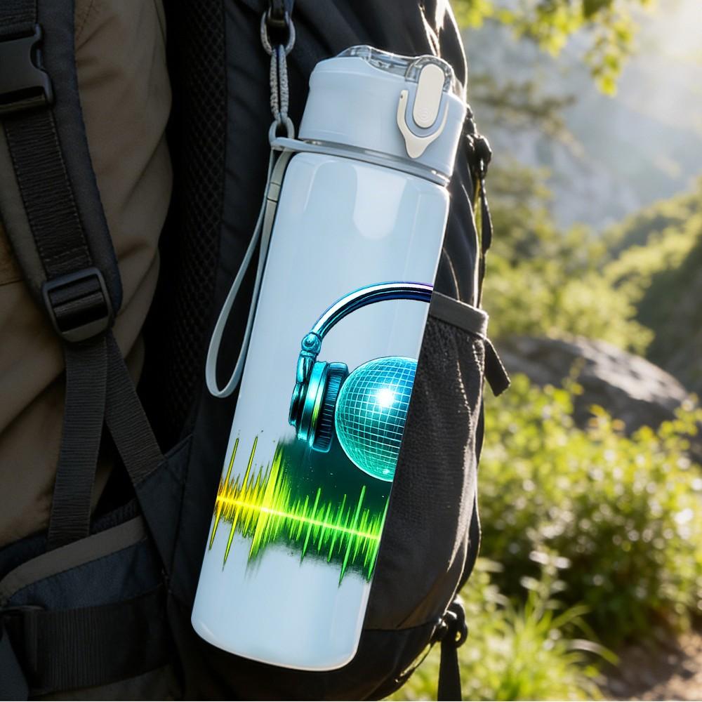 1PC Headphone Music Wave Sound Print 750ml Color Plastic Sports Water Bottle Leakproof Flip Straw Lid Suitable for Sports Office Home Use