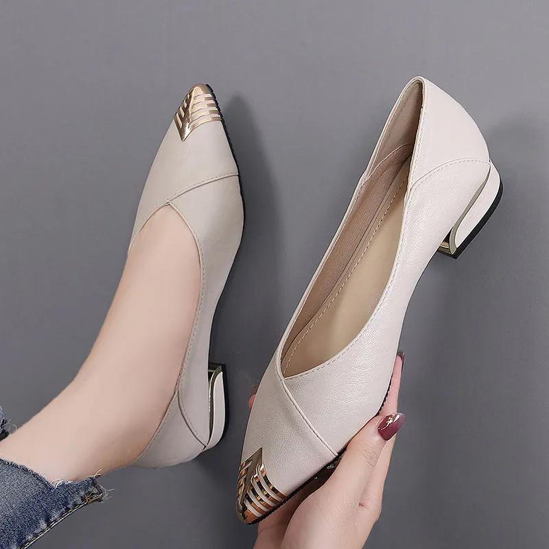 Women Cool Black Soft Leather Spring & Summer Square Heel Shoes Lady Classic Beige Comfort Office Career Pumps Ab613