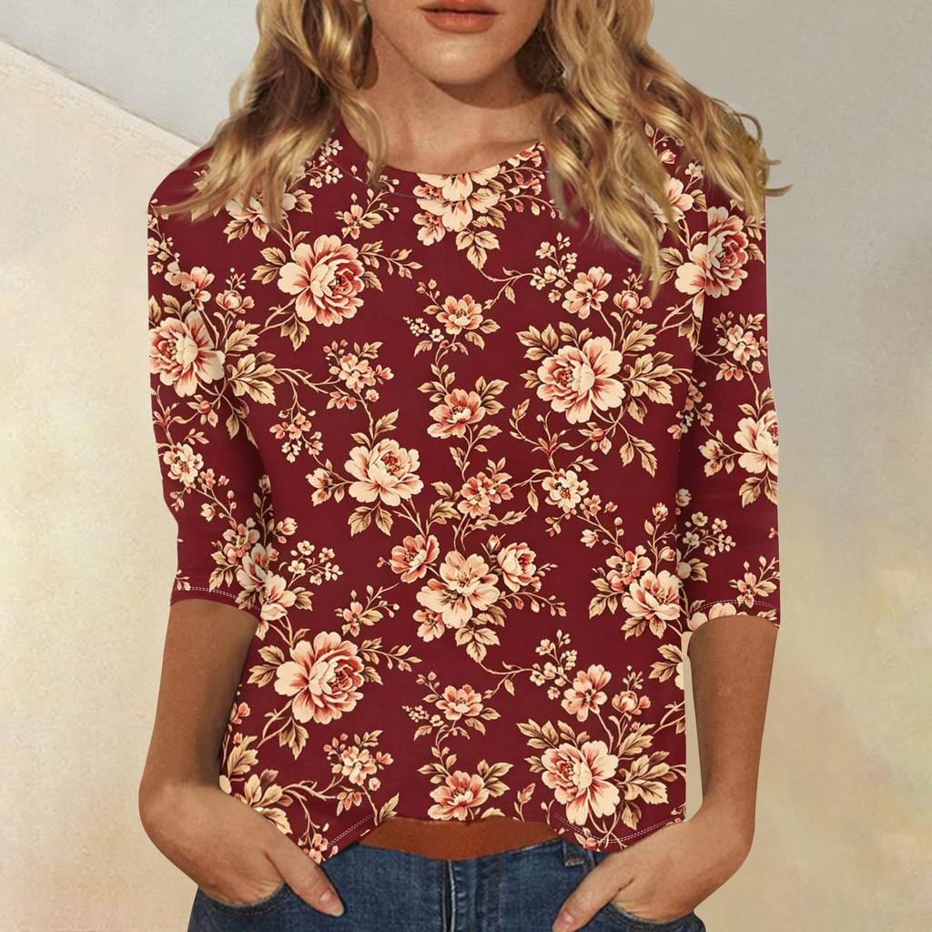 Women's Casual Floral Print Three Quarter Sleeve Top Round Neck Lightweight Blouse for Daily Wear and Comfortable Fit
