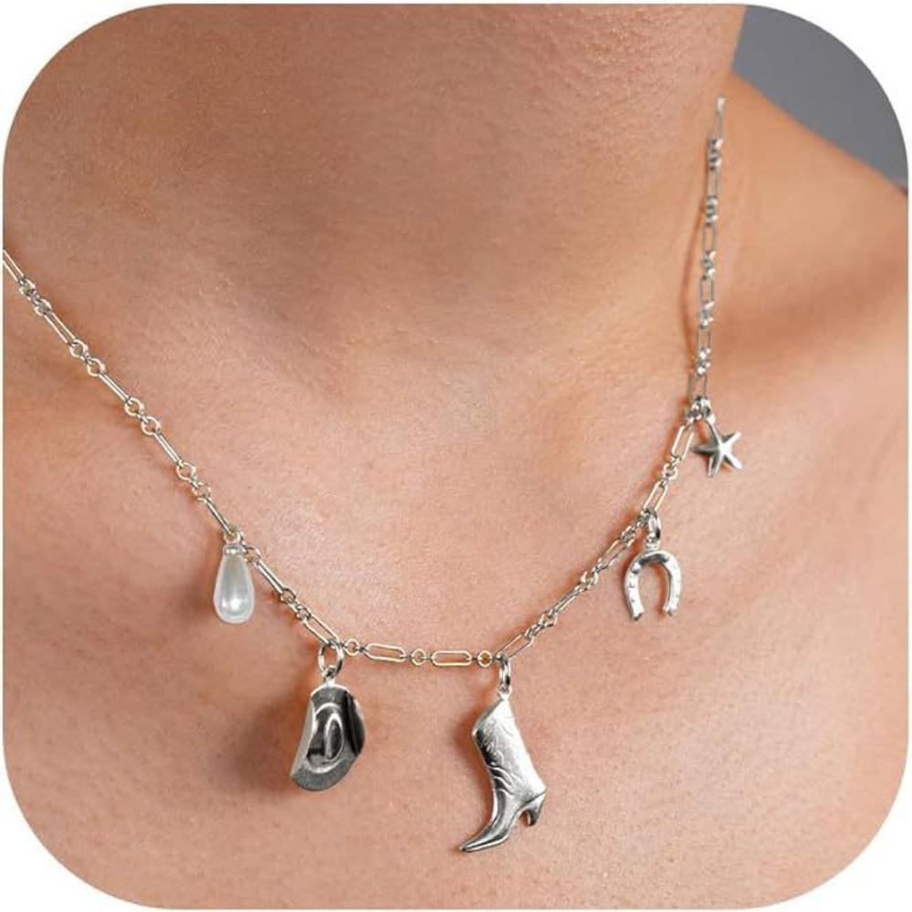 Paper Clip Necklace Bow Pentagram Shell Pearl Love Denim Boots Necklace