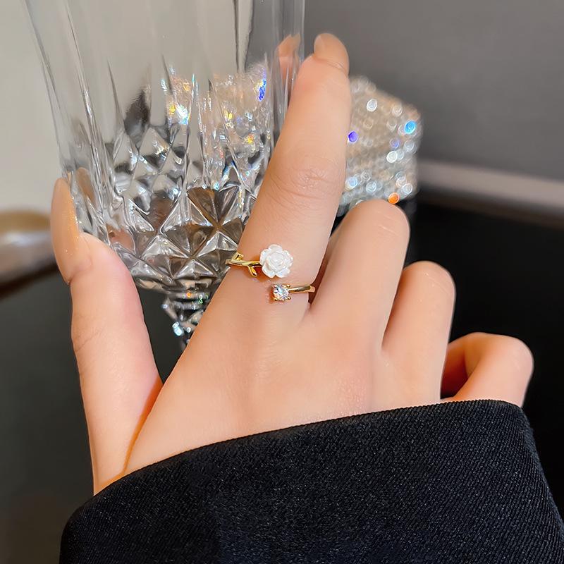 Korean Style Zircon Camellia Adjustable Ring - Fresh Design for Women