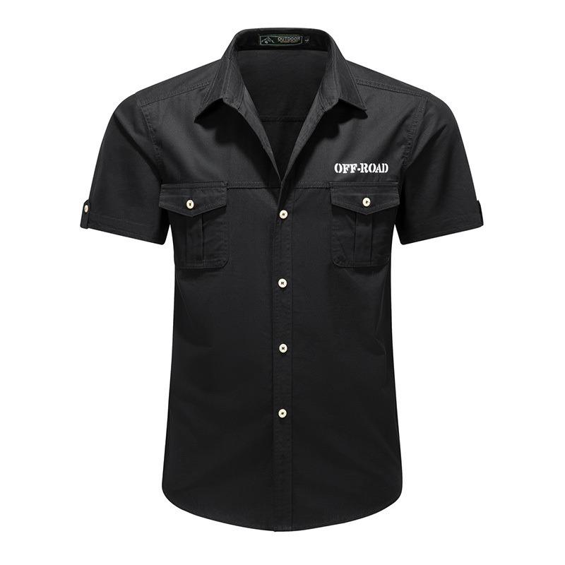 Casual Work Shirt Mens Solid Color Turn Down Collar Double Pocket Short Sleeve Casual Work Shirt