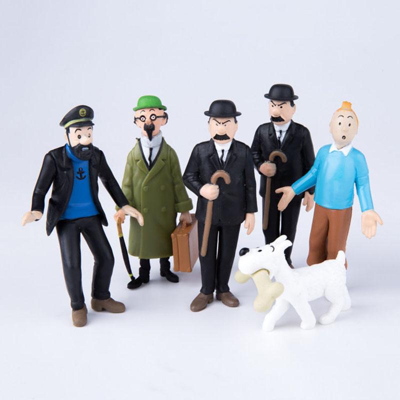 6Pcs/Set Cartoon The Adventures of Tintin Action Figures Doll Comic Tintin Milou Dupont Kids Charm Hobby Toys Gifts For Kids