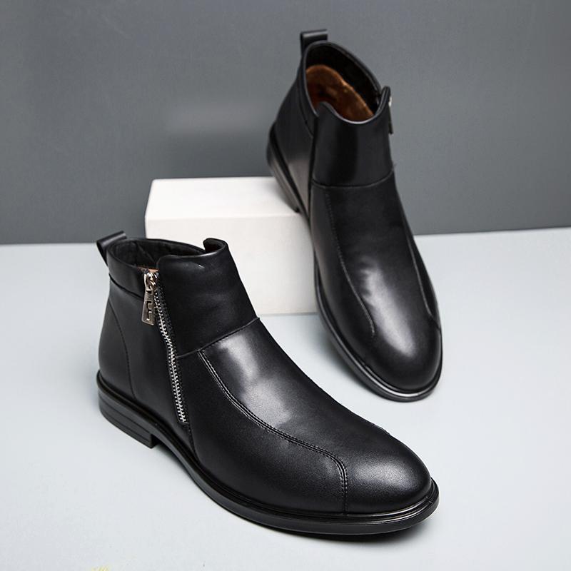 FashionGenuine Leather ankle Boots Men's High Top plush Warm Mens Short Boots Anti-slip Bota Masculinas De Couro Bottines Bottes Hommes